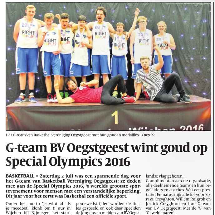 G-team BV Oegstgeest wint goud op Special Olympics 2016
