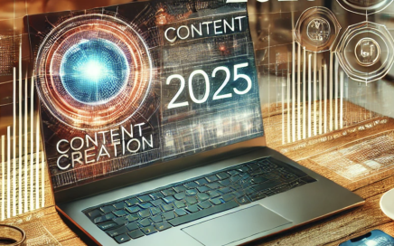 Moderne werkplek met een laptop waarop een contentkalender wordt weergegeven, een kop koffie, een notitieboekje en een smartphone met social media analytics, tegen een achtergrond van een futuristisch stadsgezicht. De sfeer is warm en professioneel.