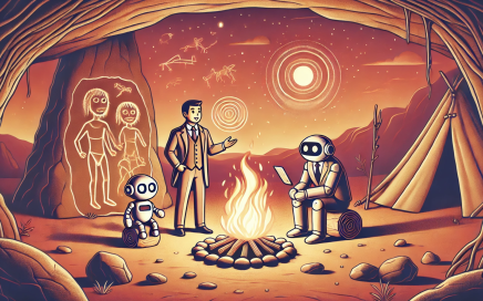 De rol van storytelling in technologie - Een illustratie van een prehistorische kampvuursetting met grotschilderingen zichtbaar op de achtergrond. Rond het vuur zit een moderne ondernemer en een robotje.