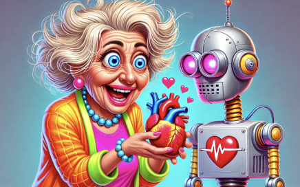 Een vrouw met wild, blond haar en grote, expressieve blauwe ogen glimlacht breed terwijl ze een anatomisch correct hart in haar handen houdt en het aanbiedt aan een robot. De robot heeft een retrofuturistisch ontwerp met een metalen lichaam, grote roze verlichte ogen en een rood hart met een hartslaglijn op zijn borst. Er zweven kleine roze hartjes tussen hen, wat een speelse en humoristische sfeer creëert. De vrouw draagt kleurrijke kleding, waaronder een feloranje jas en een roze shirt.