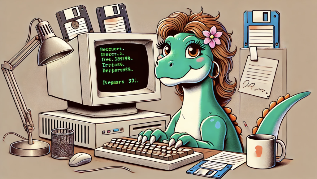 Een humoristische en nostalgische illustratie van een vrouwelijke dinosaurus die achter een ouderwetse computer met een CRT-monitor zit. Het computerscherm is volledig zwart met alleen een knipperende groene cursor, wat een retro DOS-sfeer oproept. De dinosaurus heeft subtiele vrouwelijke kenmerken, zoals zachte kleuren en wimpers. Op het bureau liggen retro kantoorartikelen, waaronder floppy disks, een koffiemok en papieren, wat een speelse en nostalgische sfeer creëert.