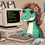 Een humoristische en nostalgische illustratie van een vrouwelijke dinosaurus die achter een ouderwetse computer met een CRT-monitor zit. Het computerscherm is volledig zwart met alleen een knipperende groene cursor, wat een retro DOS-sfeer oproept. De dinosaurus heeft subtiele vrouwelijke kenmerken, zoals zachte kleuren en wimpers. Op het bureau liggen retro kantoorartikelen, waaronder floppy disks, een koffiemok en papieren, wat een speelse en nostalgische sfeer creëert.