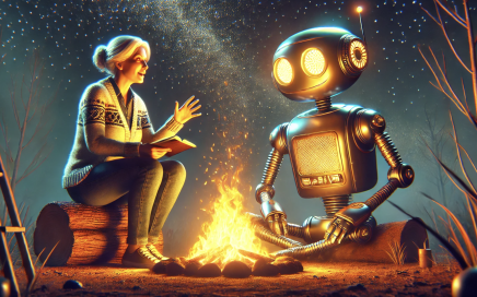 Een warme en sfeervolle illustratie van een vrouw van rond de 50 jaar, zittend bij een knapperend kampvuur in de avond. Ze draagt een spijkerbroek en een comfortabele trui en vertelt geanimeerd een verhaal. Tegenover haar zit een grote, vriendelijke robot met een humanoïde vorm en gloeiende ogen, die aandachtig luistert. De sterrenhemel schittert boven hen, terwijl het vuur hun gezichten en de omgeving verlicht. De scène straalt een combinatie uit van menselijke warmte en technologische innovatie, waarbij de connectie tussen mens en machine centraal staat.