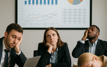 Vier zakelijke professionals zitten verveeld in een vergaderruimte, met grafieken en data op een groot scherm achter hen; sommigen staren afwezig, één persoon slaapt met haar hoofd op tafel.