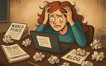 Digitale illustratie van een overwerkte vrouw achter haar bureau, omringd door proppen papier, een rommelige to-do-lijst en een knipperende cursor op haar laptop.